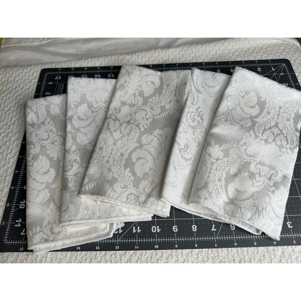 W. C. Designs Damask Fabric Cloth Napkins Vtg 19”Cotton Blend White Elegant 6 ea